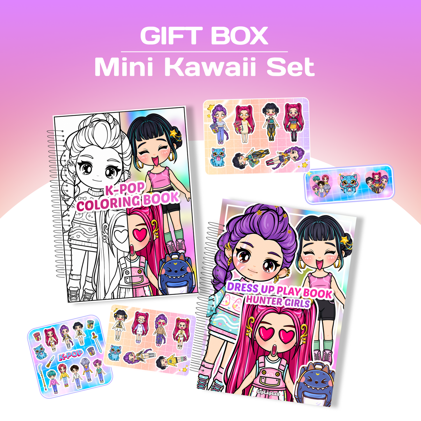 Mini Kawaii Girls Gift Box | Mini Dress-Up Book + Coloring Book + Sticker Set | Travel Activity Gift for Girls 3+