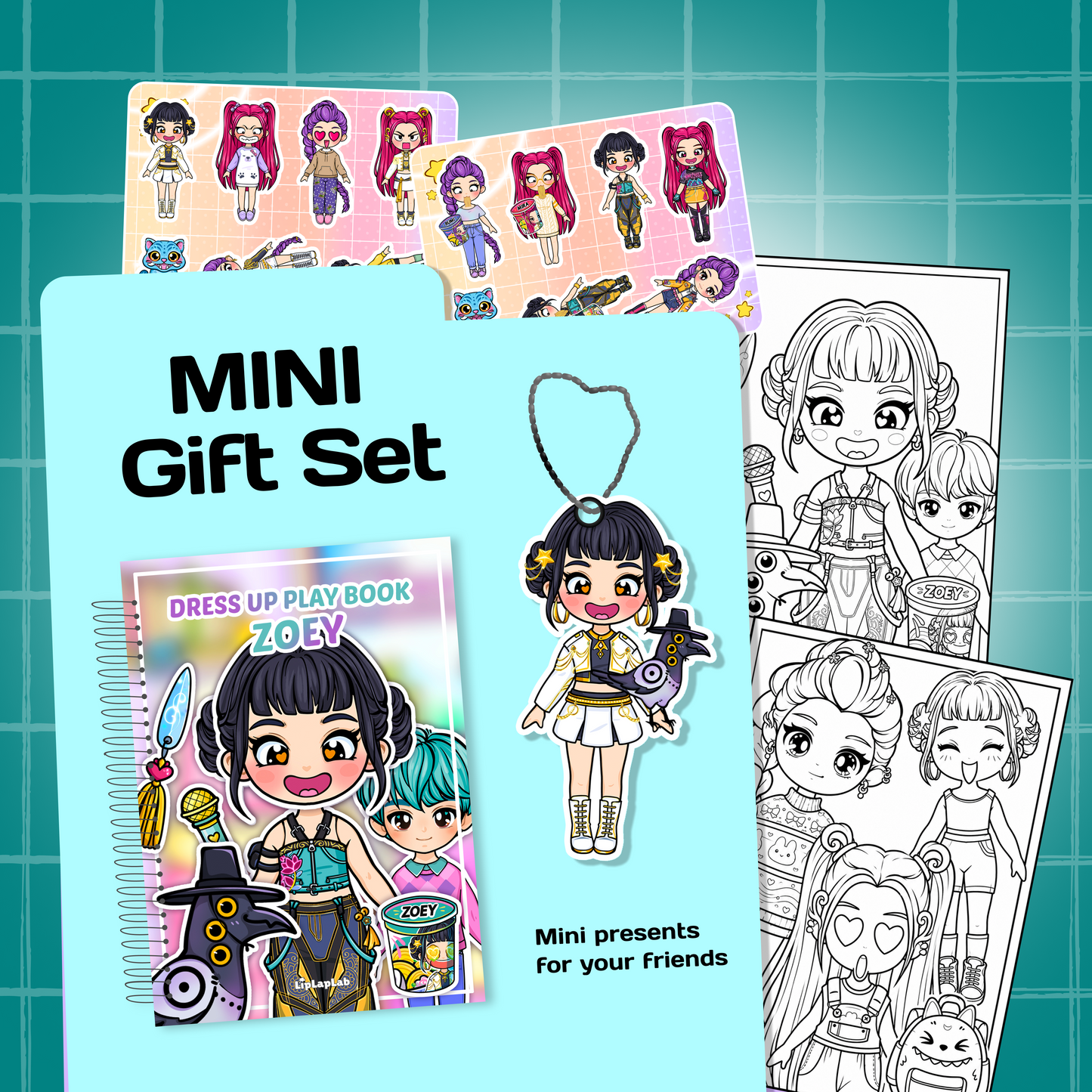 Mini Gift Set ZOEY| Interactive Dress-Up Book, Stickers, Coloring Pages & Keychain