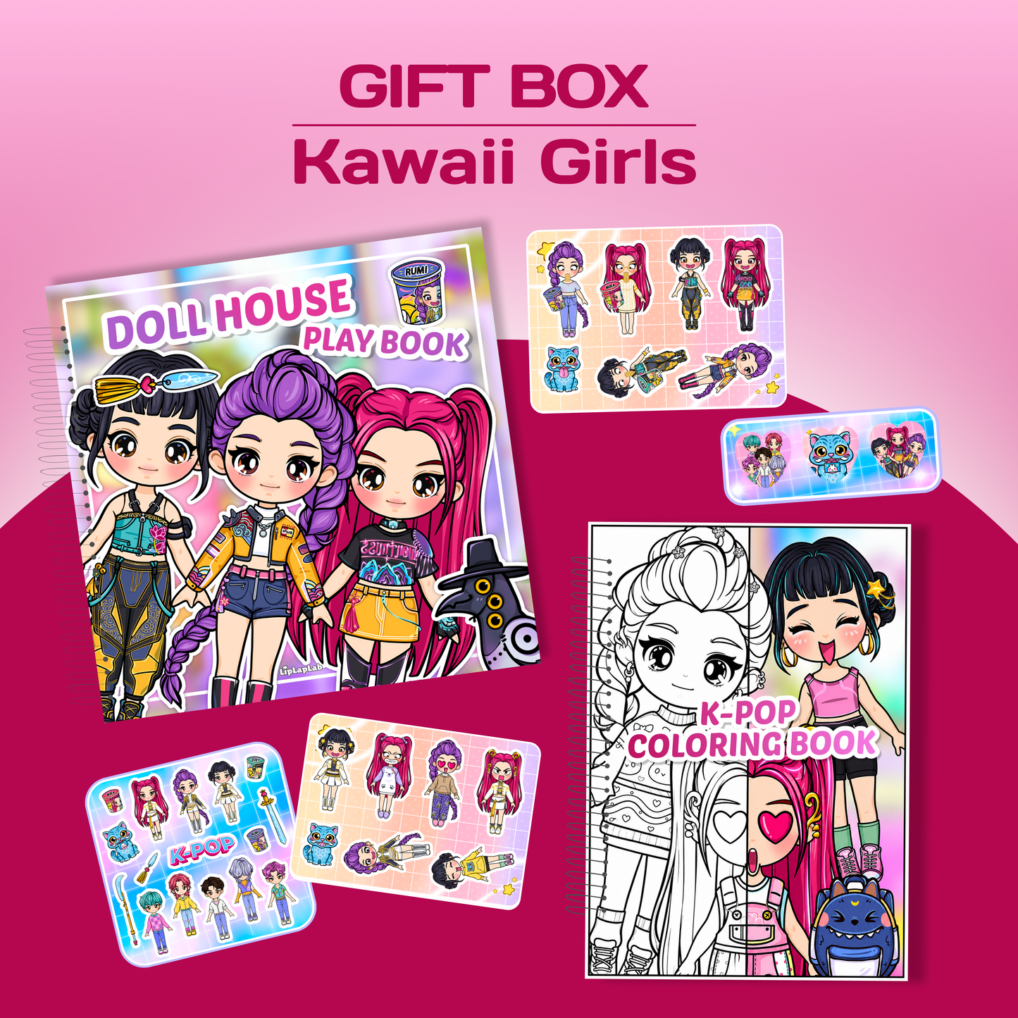 Kawaii Girls Gift Box | Interactive Busy Book + Coloring Book + Sticker Set | Creative Gift for Girls Age 3+