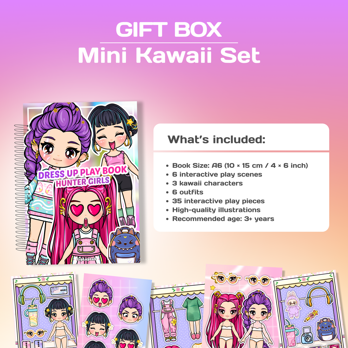 Mini Kawaii Girls Gift Box | Mini Dress-Up Book + Coloring Book + Sticker Set | Travel Activity Gift for Girls 3+