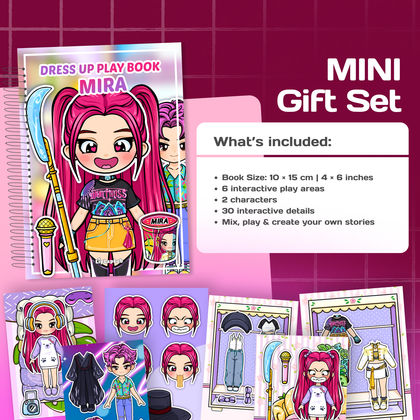 Mini Gift Set MIRA| Interactive Dress-Up Book, Stickers, Coloring Pages & Keychain
