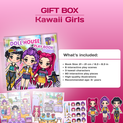 Kawaii Girls Gift Box | Interactive Busy Book + Coloring Book + Sticker Set | Creative Gift for Girls Age 3+