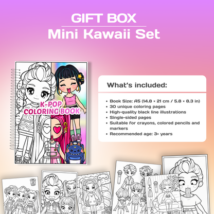 Mini Kawaii Girls Gift Box | Mini Dress-Up Book + Coloring Book + Sticker Set | Travel Activity Gift for Girls 3+