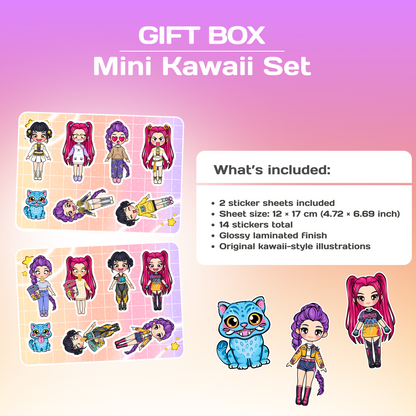 Mini Kawaii Girls Gift Box | Mini Dress-Up Book + Coloring Book + Sticker Set | Travel Activity Gift for Girls 3+