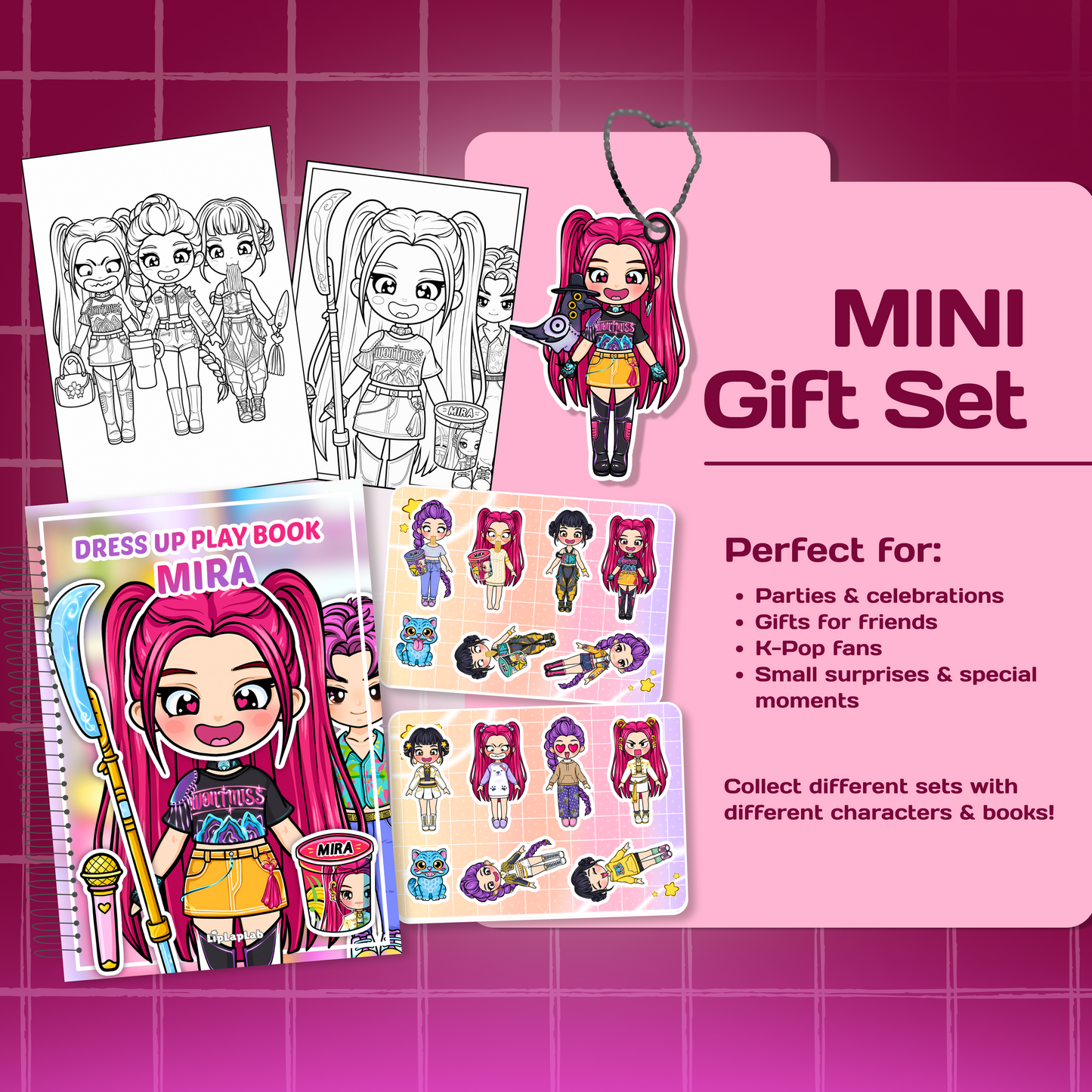 Mini Gift Set MIRA| Interactive Dress-Up Book, Stickers, Coloring Pages & Keychain