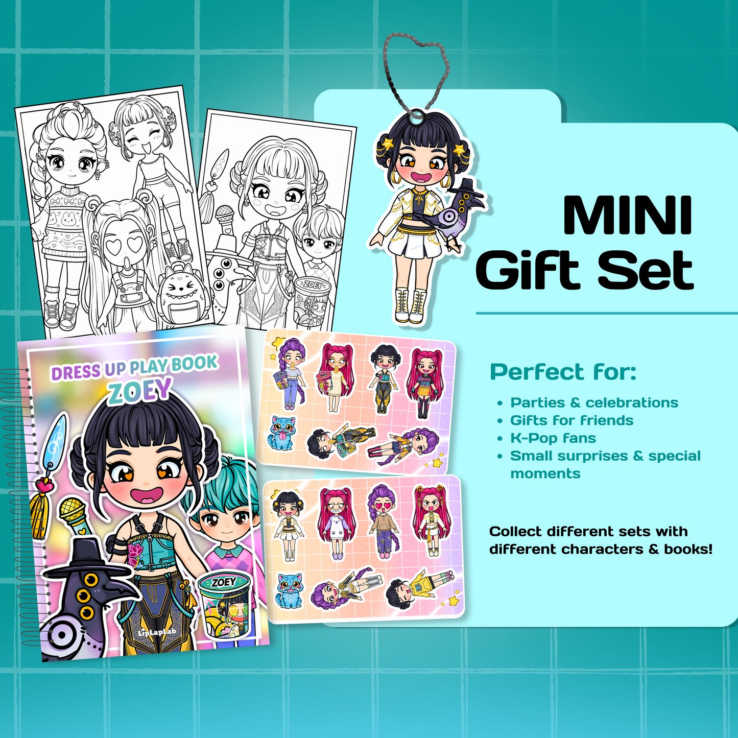 Mini Gift Set ZOEY| Interactive Dress-Up Book, Stickers, Coloring Pages & Keychain