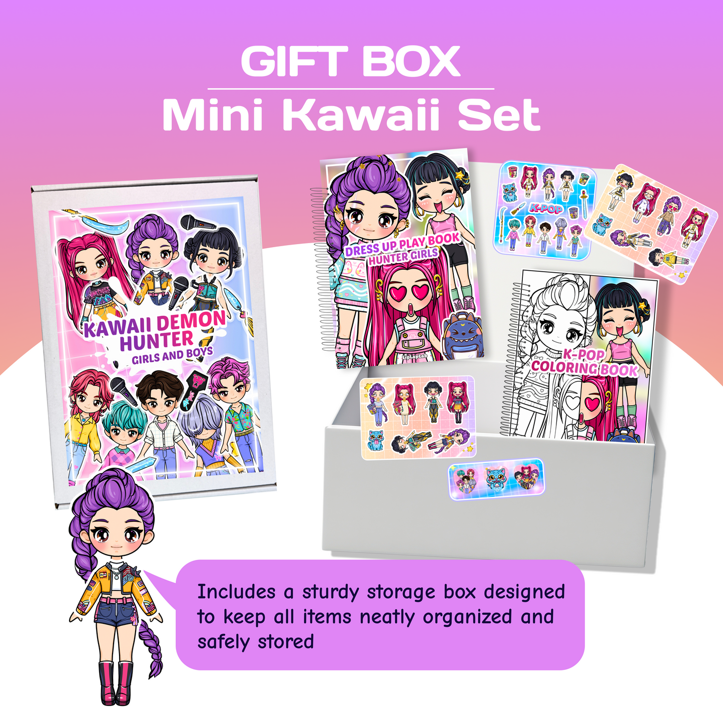 Mini Kawaii Girls Gift Box | Mini Dress-Up Book + Coloring Book + Sticker Set | Travel Activity Gift for Girls 3+