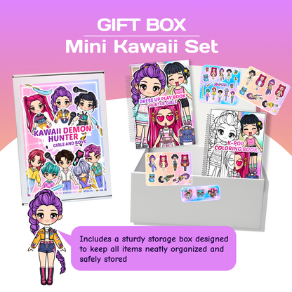 Mini Kawaii Girls Gift Box | Mini Dress-Up Book + Coloring Book + Sticker Set | Travel Activity Gift for Girls 3+