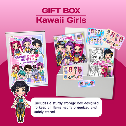 Kawaii Girls Gift Box | Interactive Busy Book + Coloring Book + Sticker Set | Creative Gift for Girls Age 3+