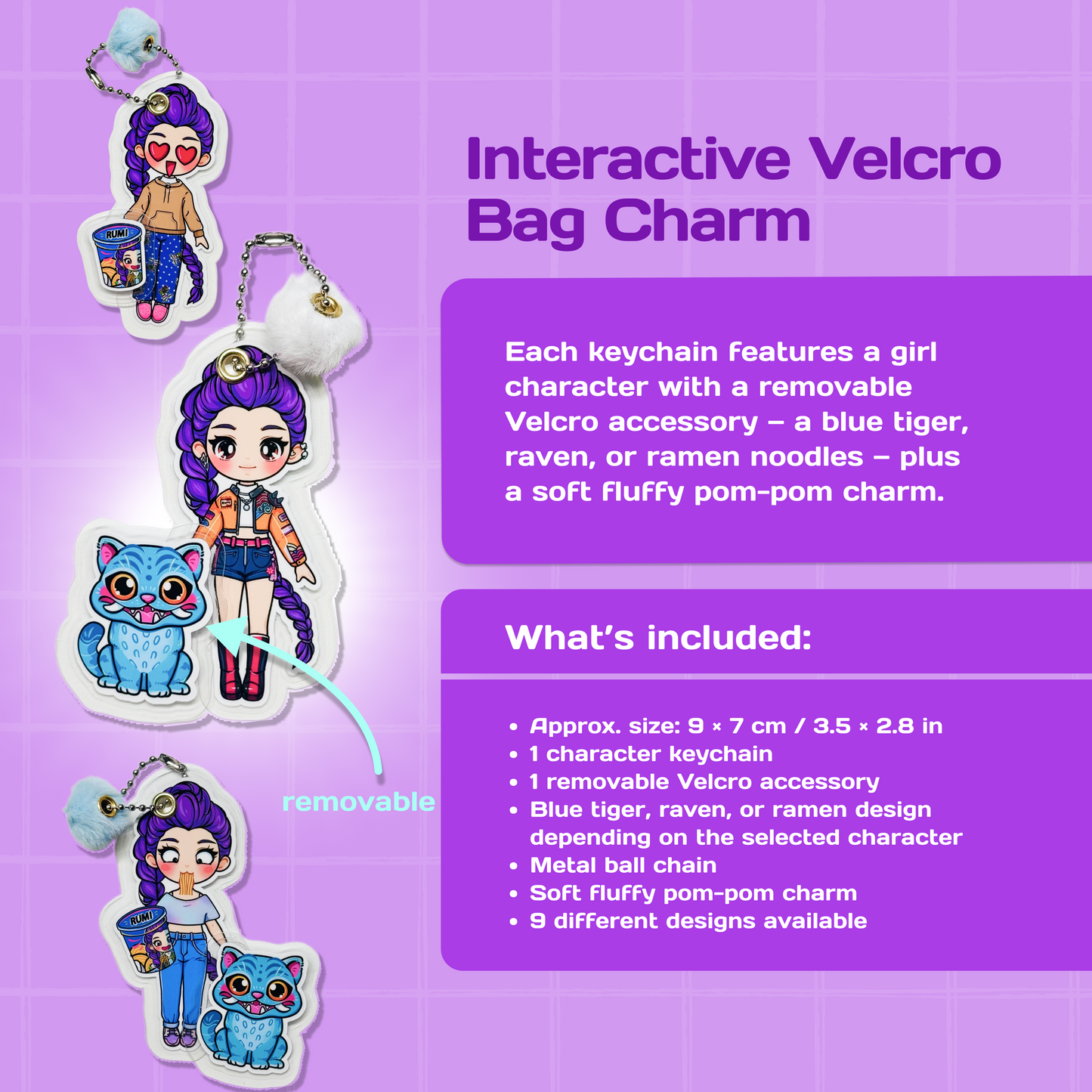 Mini Collectible Character Keychain Rumi | Interactive Velcro Bag Charm