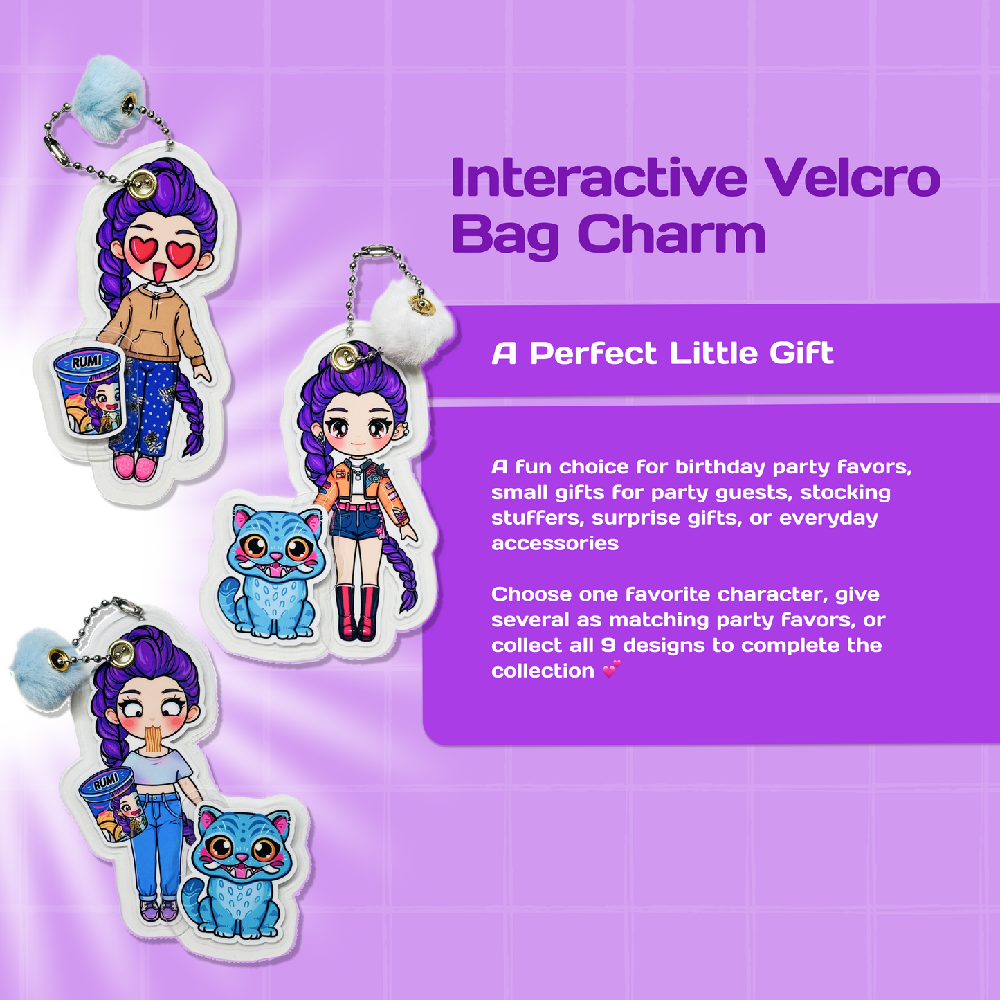 Mini Collectible Character Keychain Rumi | Interactive Velcro Bag Charm