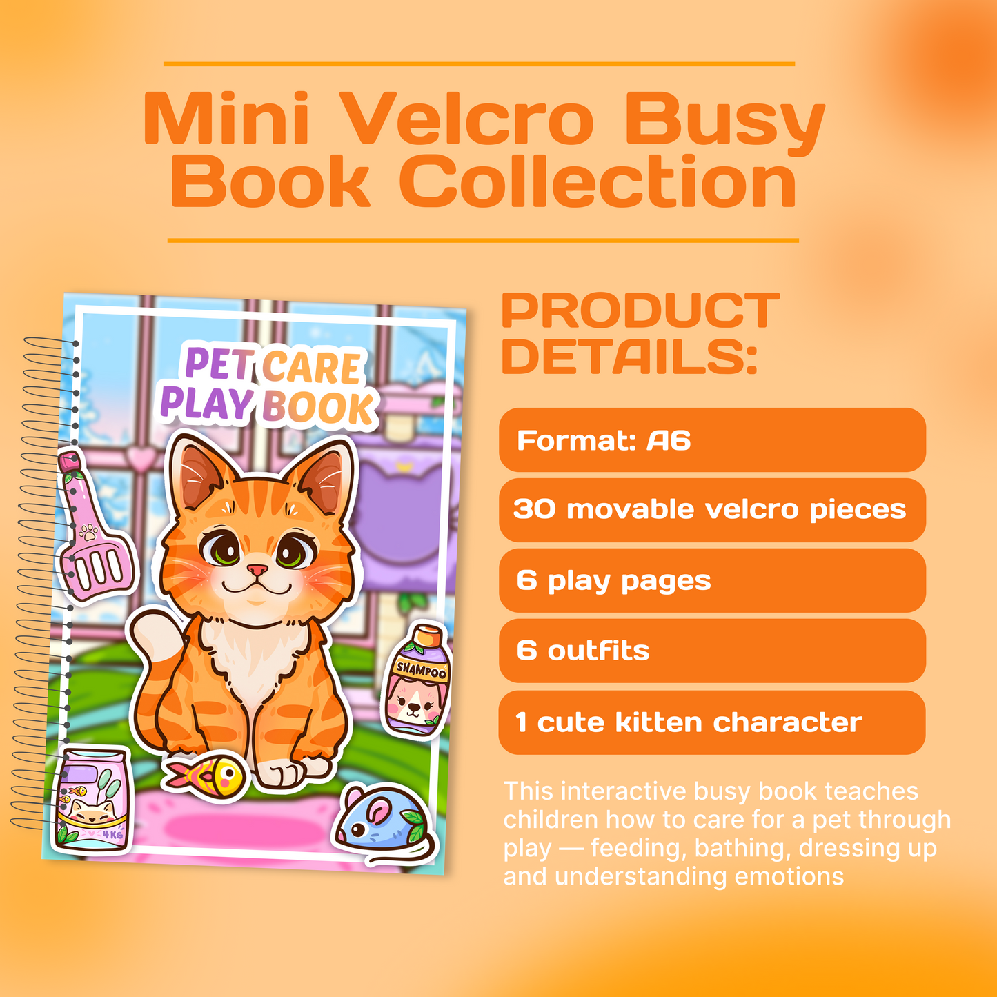 Mini Orange Cat Busy Book for Kids | Interactive Pet Care Activity Toy