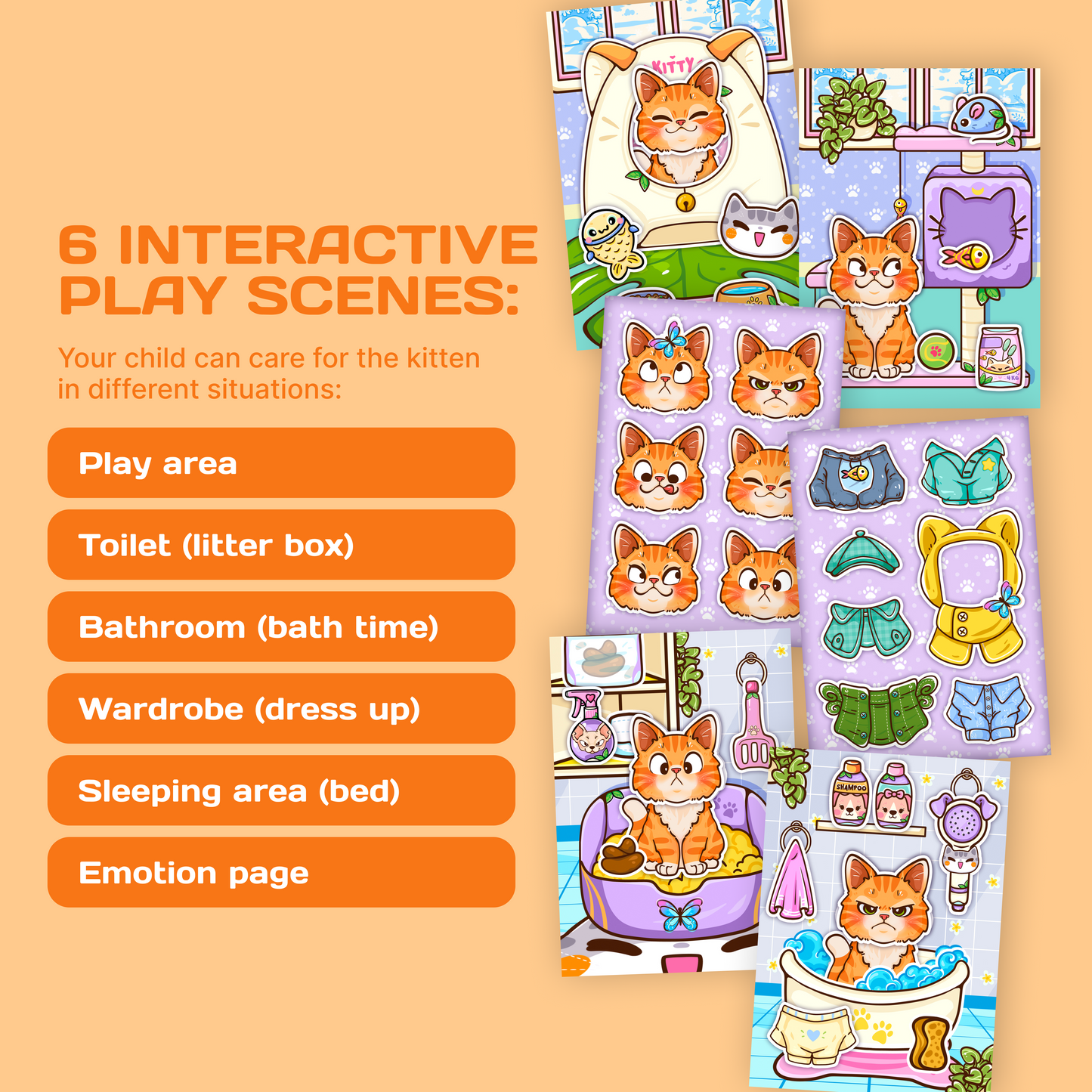 Mini Orange Cat Busy Book for Kids | Interactive Pet Care Activity Toy