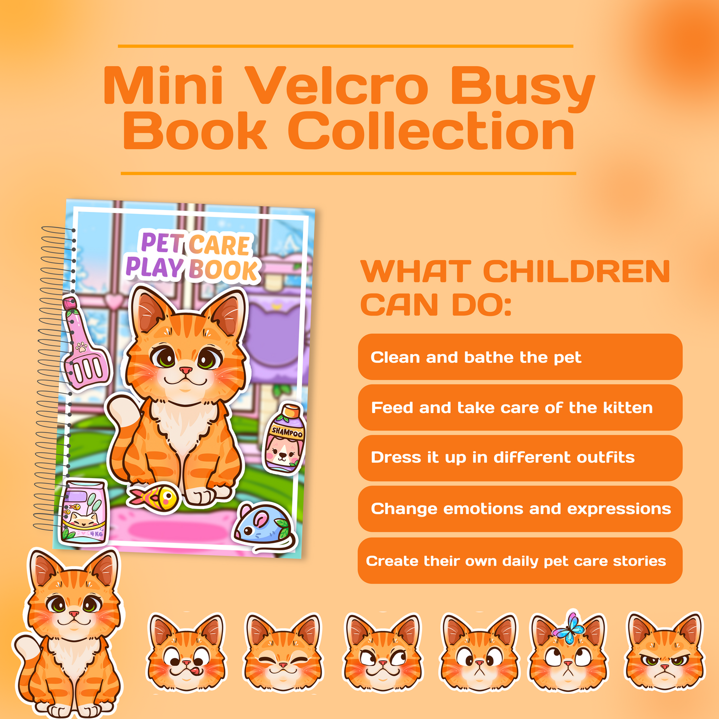 Mini Orange Cat Busy Book for Kids | Interactive Pet Care Activity Toy